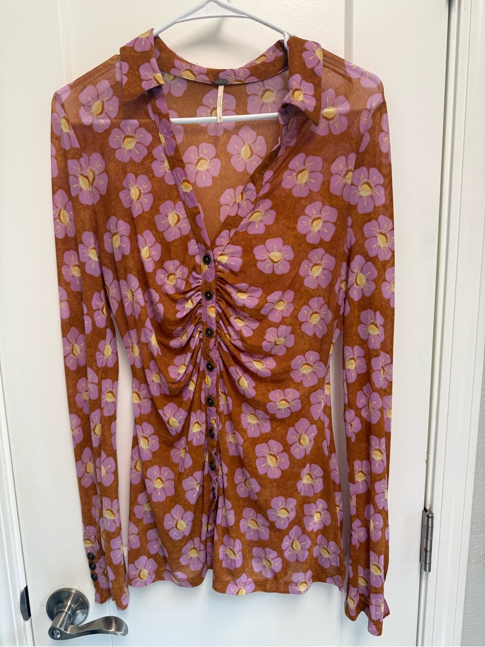 Free People Brown Top with Lavender Floral Print
